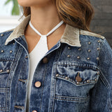 Chaqueta Corta En Denim Con Taches y Cuello En Pana