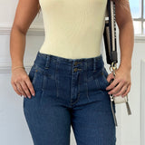 Jean Mom Fit Azul Oscuro con Pretina de Doble Botón